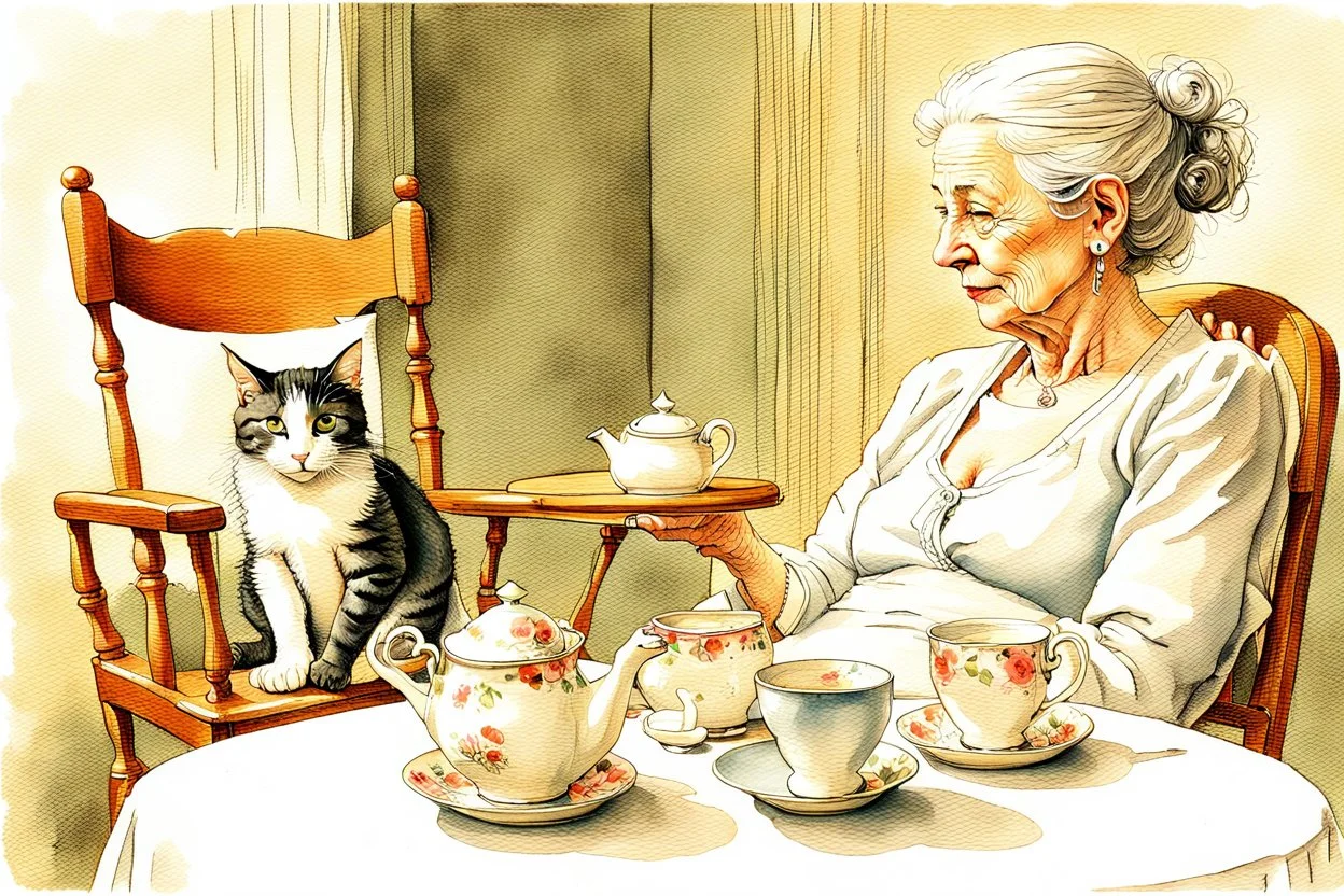 An older woman with normal anatomy, sitting in a comfortable cushioned rocking chair petting her cat,, tea pot and cup on the little table beside her Modifiers: highly detailed wallpaper award winning high definition Jean-Baptiste Monge anatomically correct perfect facial features wet on wet watercolor Perfect Anatomy Catherine Abel, Watercolour and ink accurate natural colors