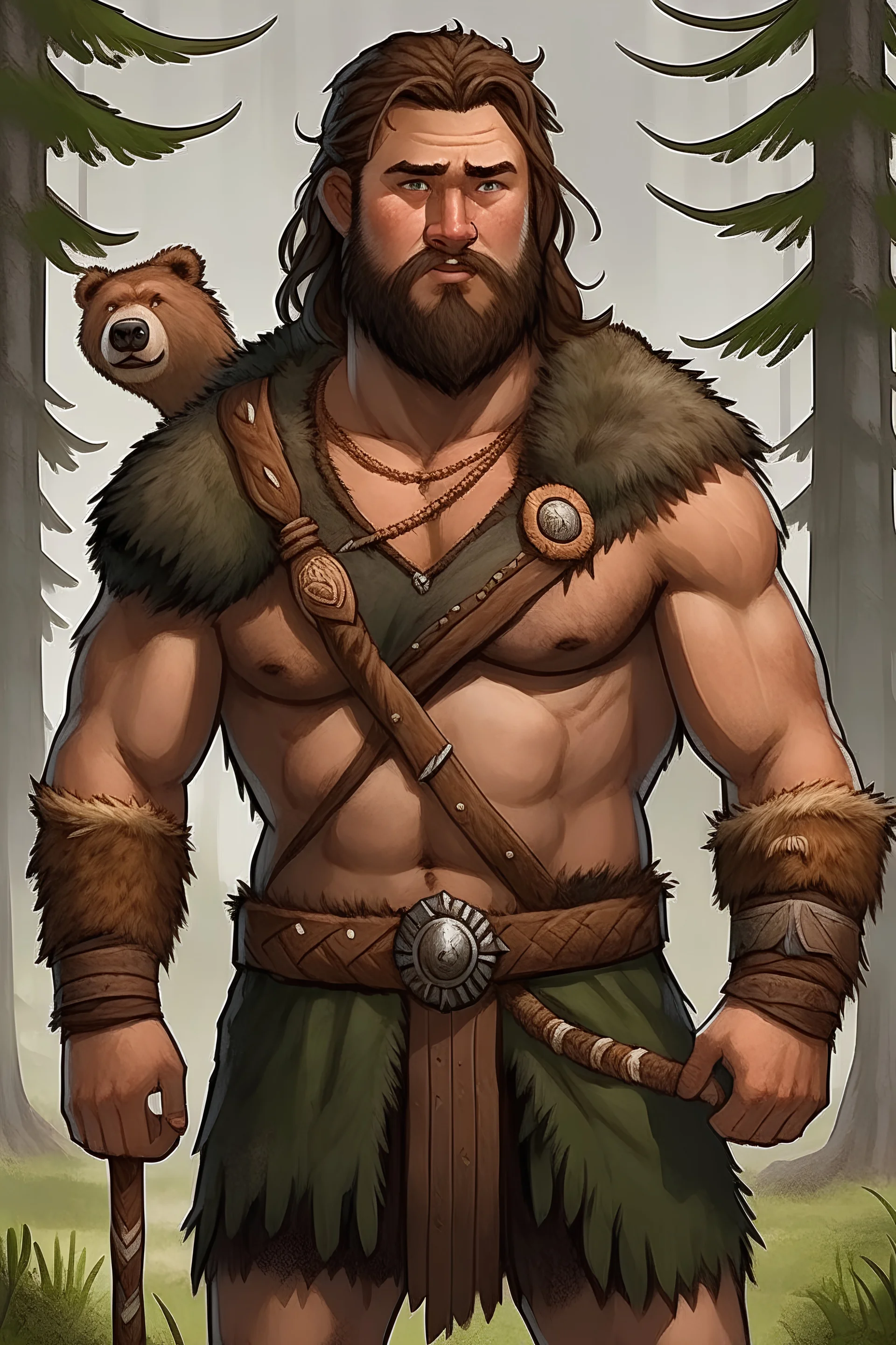 Barbarian druid, young man, bear