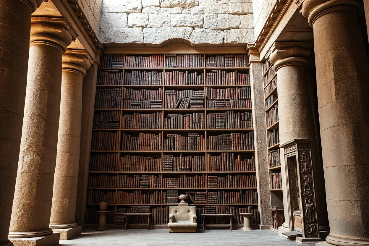 elaborate library on a wall in a in an ancient Egyptian stone temple full of leather-bound books stretching to ceiling occupying the entire wall, striking, juxtapositional, fantastical