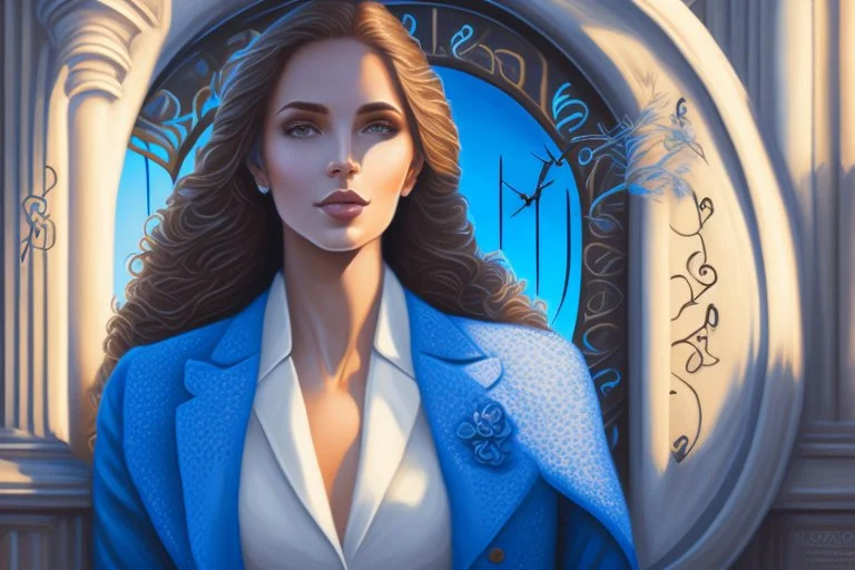 A beautiful light brown-haired, light-skinned woman in an elegant blue suit, graveyard and clocks highly detailed digital painting elegant very attractive beautiful award winning fantastic view crisp quality very cute acrylic art in the sunlight