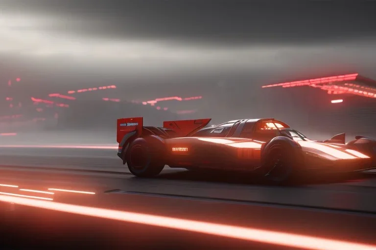 Futuristic formula spacecraft, racing fast on track circuit, cyberpunk style, fog