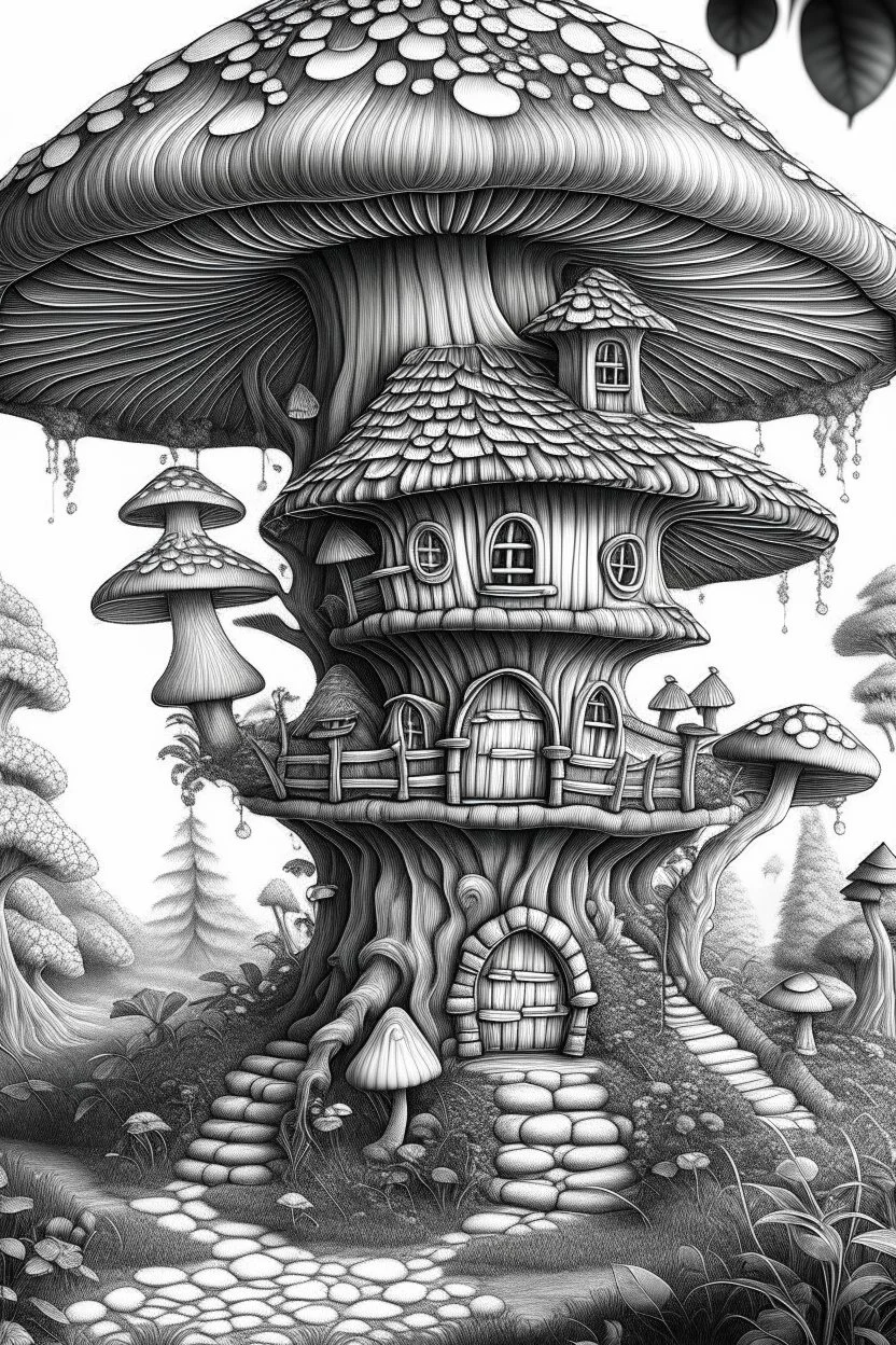 mushroom tree house in the forest Coloring Book for Adults and Kids, Instant Download, Grayscale Coloring Book