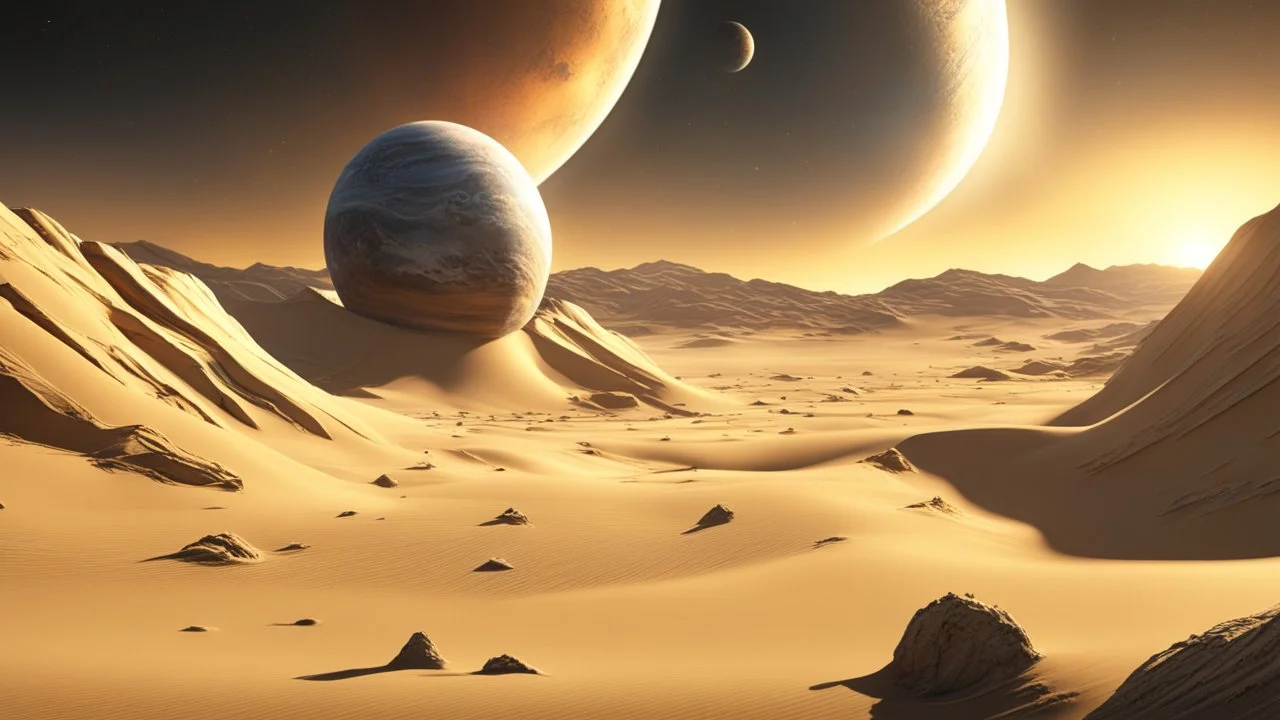 4k, hyper-realistic, Ultra-HD, Ray-tracing, Alien planet, mountainous, Has asteroid belt, milky way, stars, dark, black hole, Sand Worm rising from dunes, creatures, based on Dune movie (2021), no people