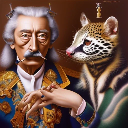 Salvador Dali embraces his pet ocelot Babou , hypperealism , surrealism , outlandish , extreme, high definition ,eccentric, precise craftsmanship, high detailed, vivid deep colours,triple colors complex, oil on canvas ,8k portrait,sharp,beautiful faces ,beautiful eyes ,elegant moustache, focus, close up, fantasy view ,intricate ,masterpiece, by Salvador Dali .