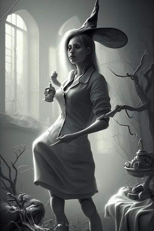 witch with broken leg in hospital, realism, depth of field, professional photo, bw