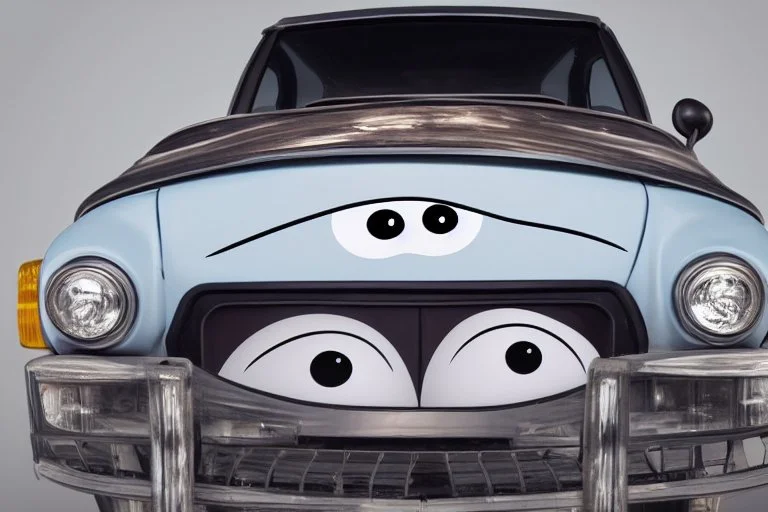 whimsical cartoon car with big eyes and its front grill forming a friendly smile