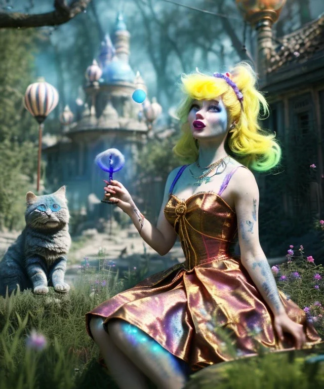 Ultra realistic wonderland photo, happy blonde woman smoking a shisha, blue dress, big purple-cat friend, circus dress style, old school tattoo, smoke, marijuana garden, glow eyes, perfect iris, soft color, highly detailed, unreal engine 5, cinematic, ultra detail, volumetric lighting, high definition.