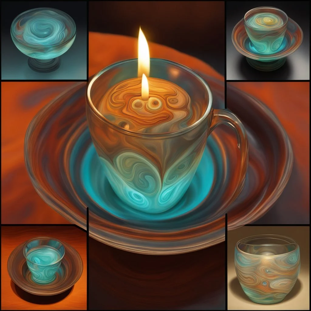 3D Shading psychedelic fluid by artist "Margaret Keane", glowing 3d symmetrical face in glass cup, larimar nacre bismuth, by artist "Shaun Tan"