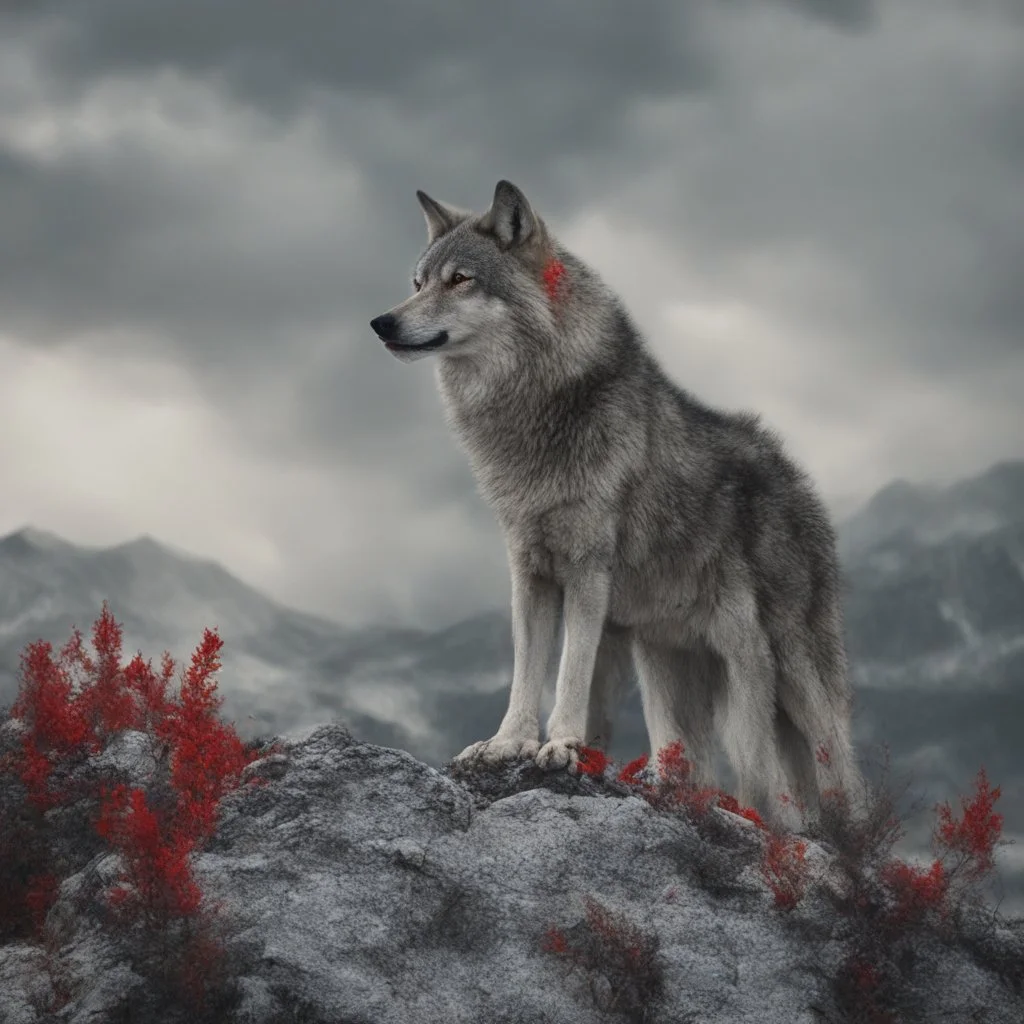 A wolf on the mountain with red eyes