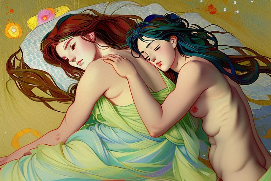 colourful digital painting of beautiful aphrodite full body embracing old man in bedroom, in the style of hokusai and van gogh