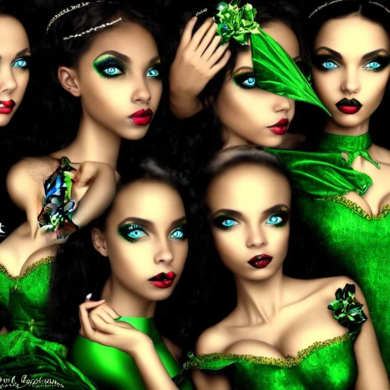 Middle Ages, three pretty girl black fairies, green eyes, nip, glamour