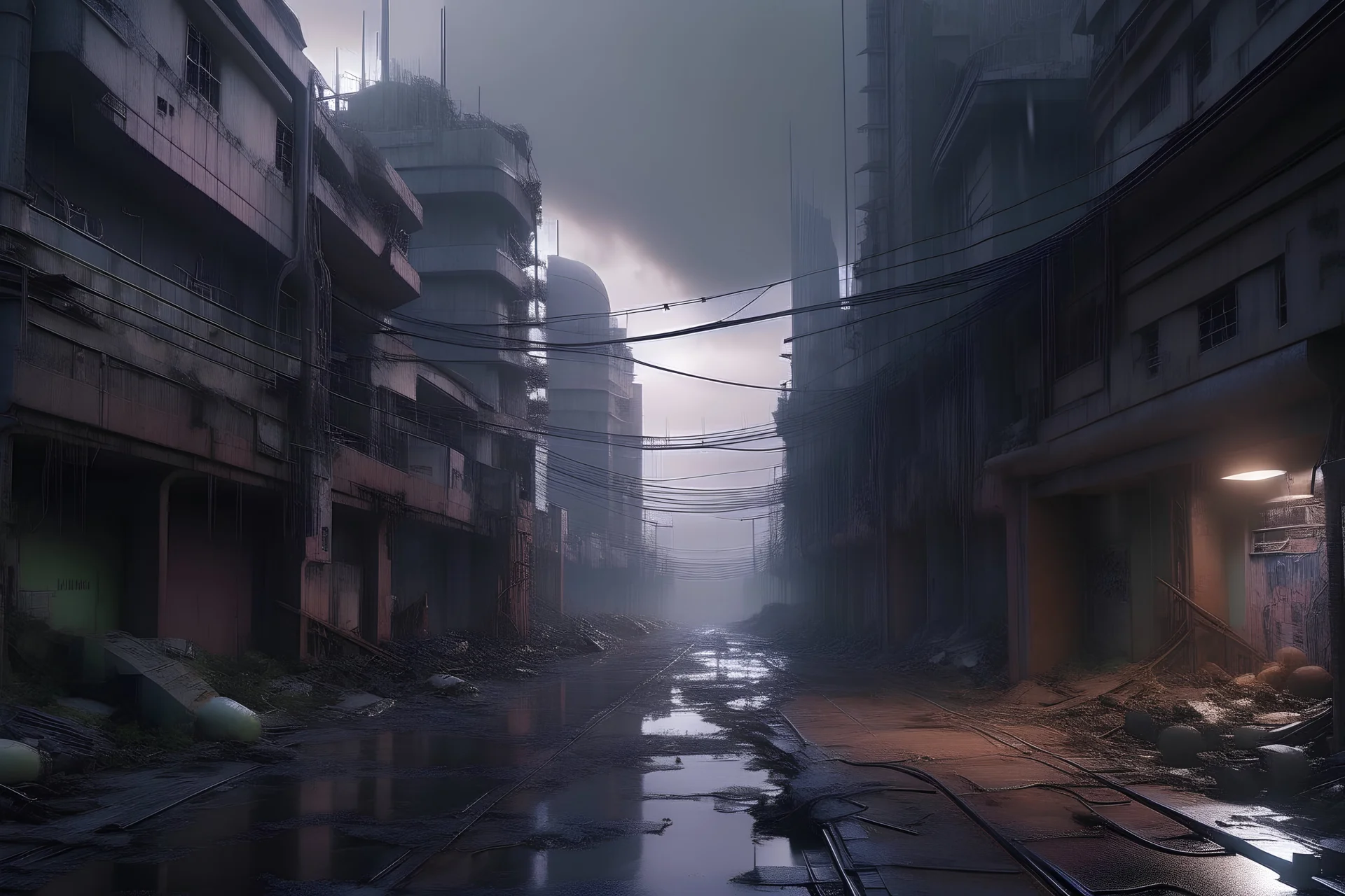 photo très réaliste d'un paysage futuriste, très dark, très triste et très désolé, très sale, futur apocalyptique, batiments délabré dans une ville, une route au milieu, couleurs psychédeliques, cyberpunk, traits de crayon comme dans le jeu vidéo jetset radio, hd, 4k, très épuré, très intriqué, rendu octane