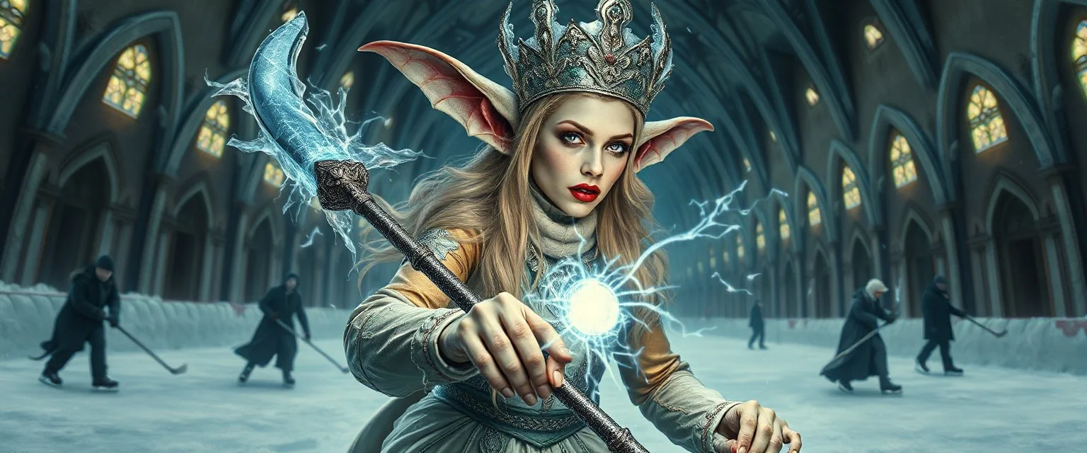 portrait of ice queen with dual wield magical aura hockey staff, pin hole cam, master oil painting by Rembrandt, d&d glam rock and glitter vampire gremlin illithid and lich playing hockey in ice skating hall or church, in the style of giger and escher, sci fi with floating little saucers