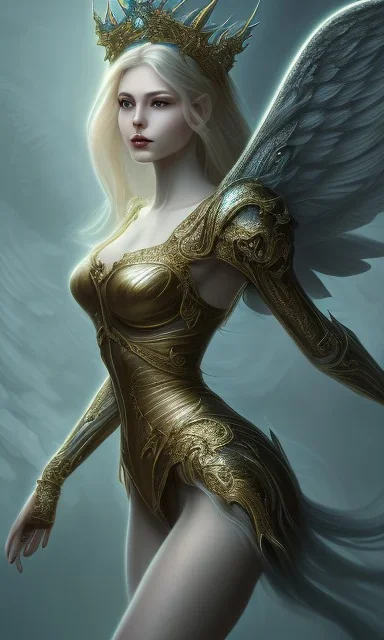 Female angel with beautiful perfect face big wings and golden crown floating above the ground in the dark enviroment, anatomically correct, michelangelo style, detailed, world of warcraft style, dark forest, trees, painting, brush strokes, 8k, dark forest in the background, dramatic camera view