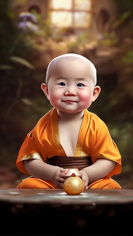 A 3-year-old monk boy with round cheeks, sitting, looking at the camera, monk costume, cute and cute, masterpiece, high quality, highly detailed.