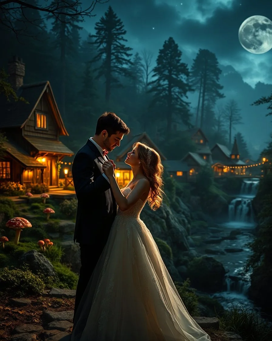 Close up Camera profesional Photography photoshoot Romance Wedding Couple Dancing in Wonderful landscape fantasy night photography art Rivendell Village, darkness midnight magical forest and houses,beautiful light lamps,mushrooms,flowrs,little waterfall,river