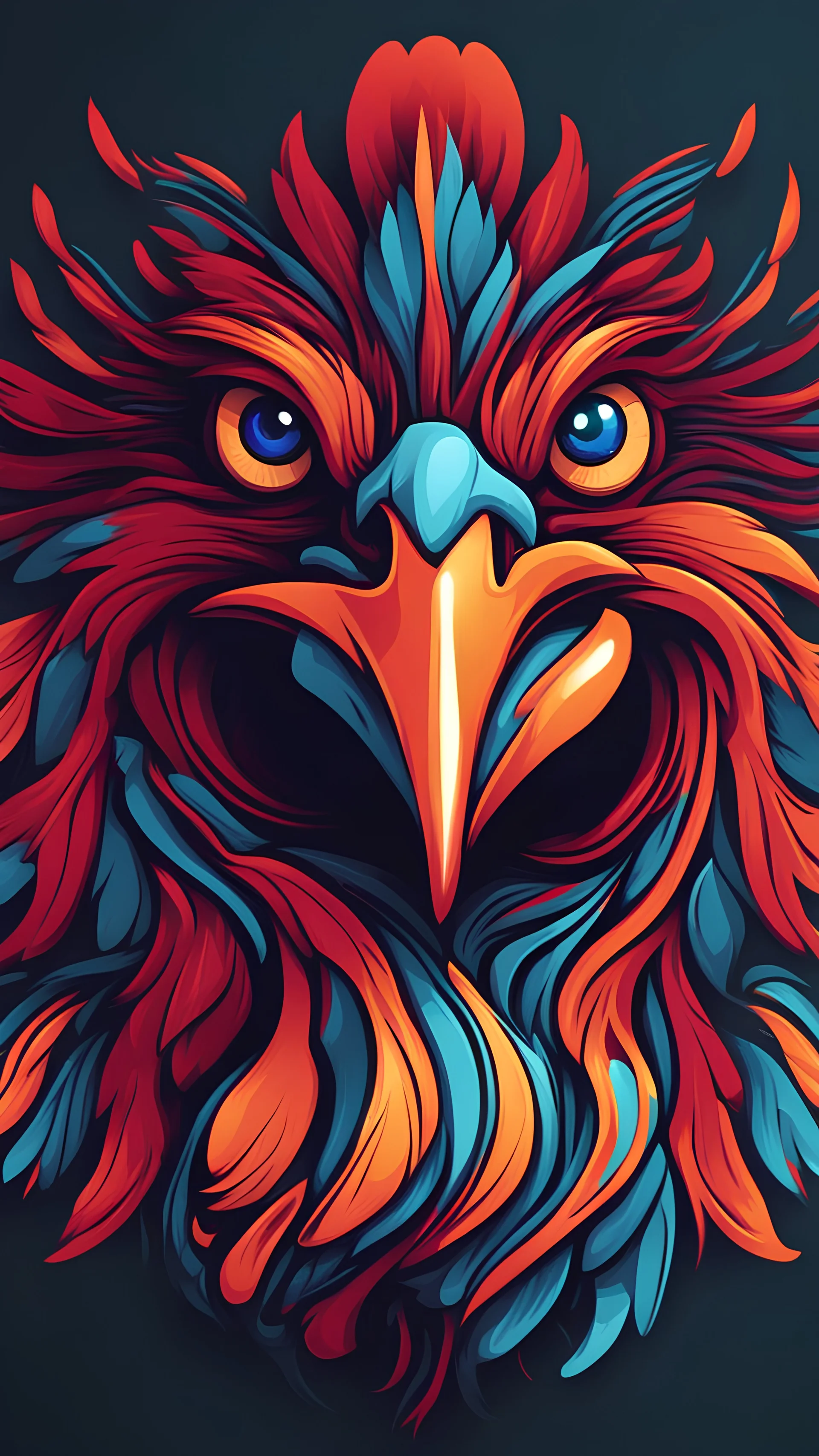 Design a vibrant, gaming-influenced logo of a chicken, featuring bright colors and a dynamic lighting scheme. Incorporate abstract shapes and textures to create an eye-catching composition.