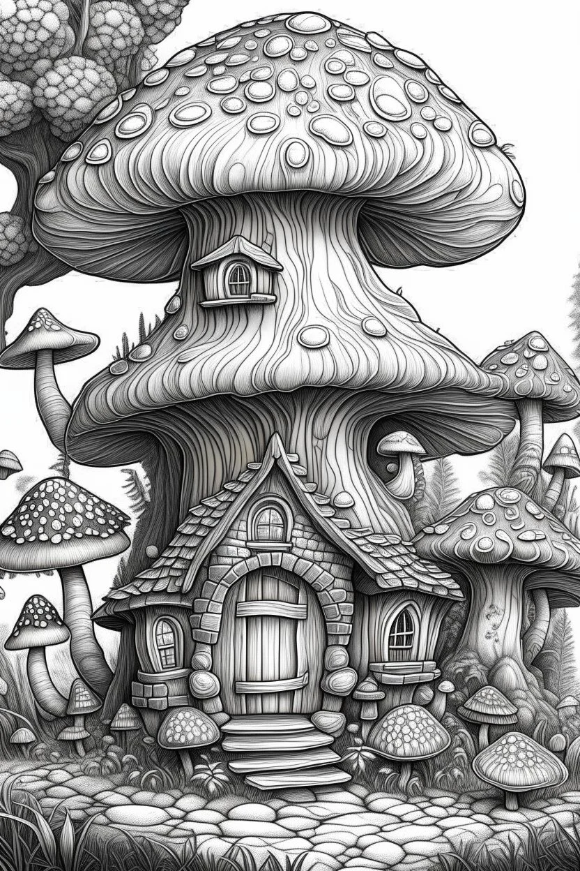 MANDELA STYLE .Mushroom houses Coloring Book for Adults and Kids, Instant Download, Grayscale Coloring Book