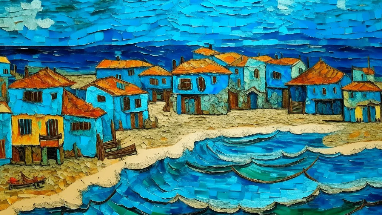 A blue town near a beach designed in Mayan architecture painted by Vincent van Gogh