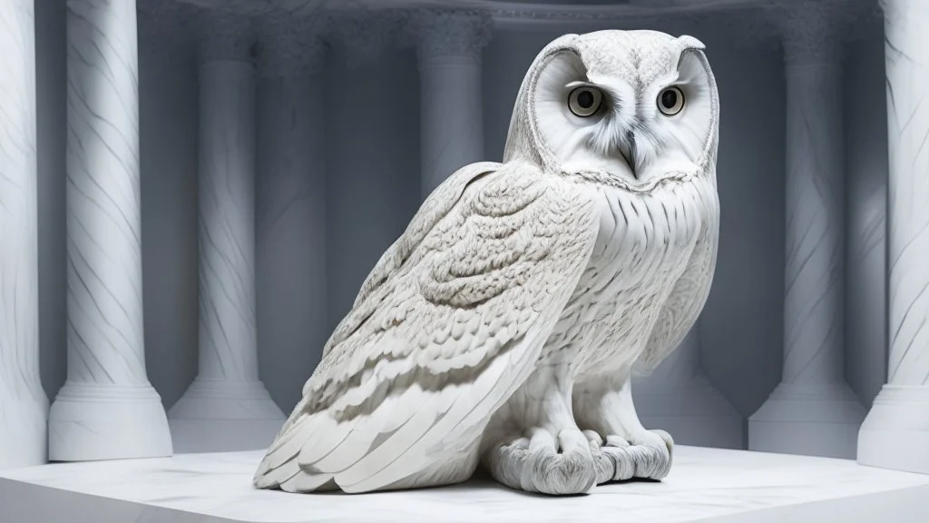 hyper realistic render of a giant owl carved out of white marble, sculpture is displayed inside of a big art exhibit