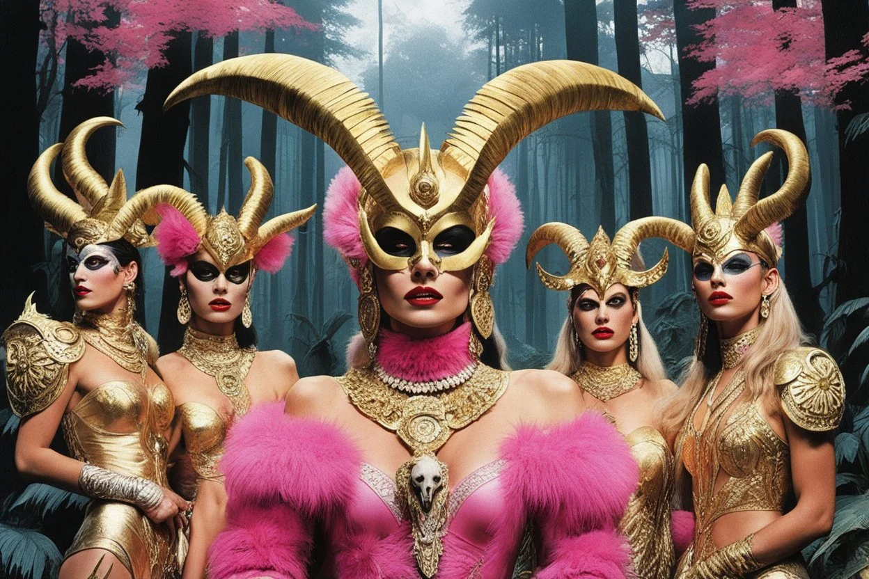 (art by Philippe Druillet's Délirius, for a film from a 1970s movie by Mil Mascaras) surrounded by models with golden and pink goat outfit, with pink lipstick and tattoos : A satanic ritual in the forest: they like biodiversity. The leader: she has a goat skull mask