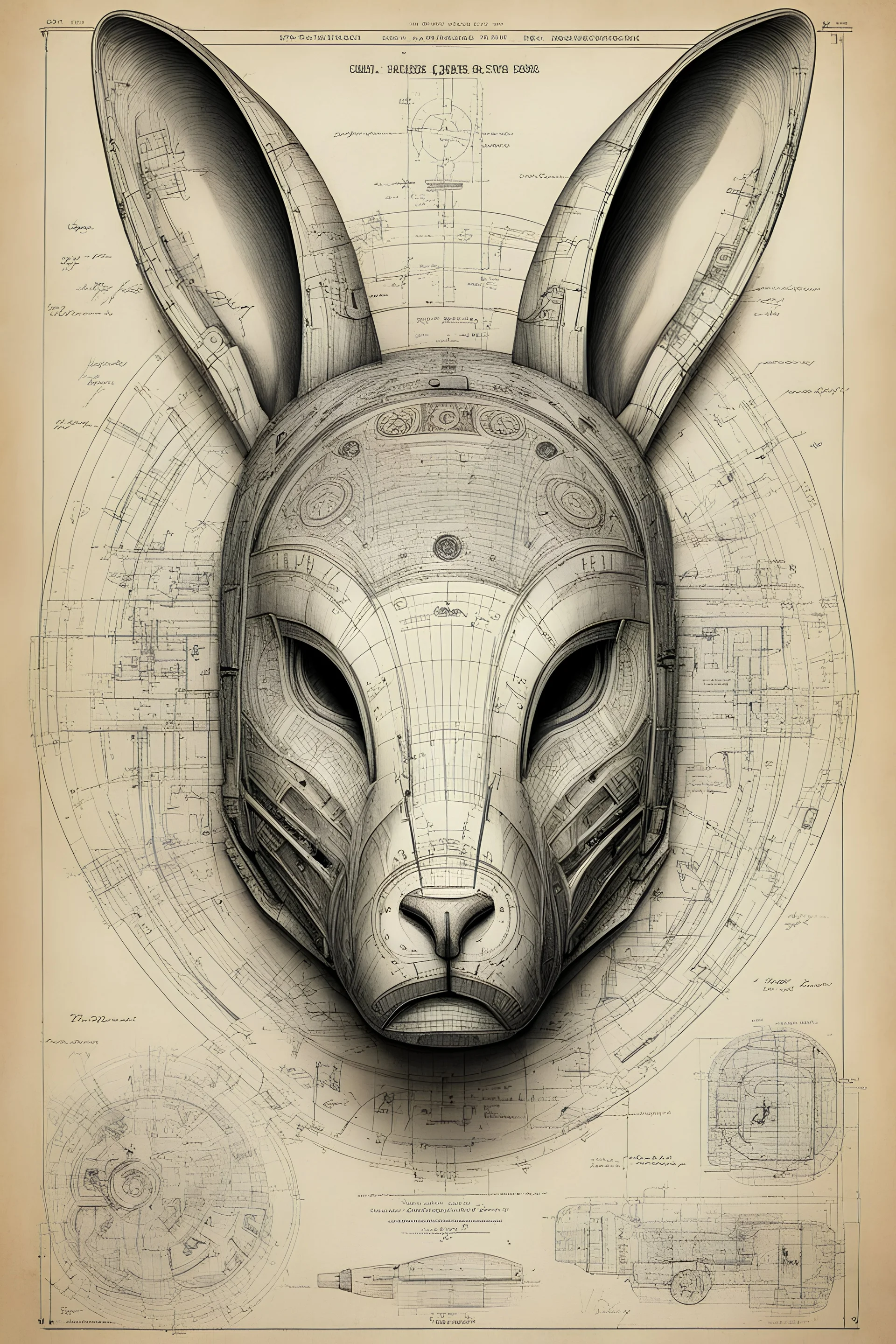 Hand drawn, art by Wayne Reynolds , Daren Bader and Tom Tenery, old paper with detailed schematics of a bionic rabbit mask, detailed drawings, cross section, concept sheet sketch, 8k