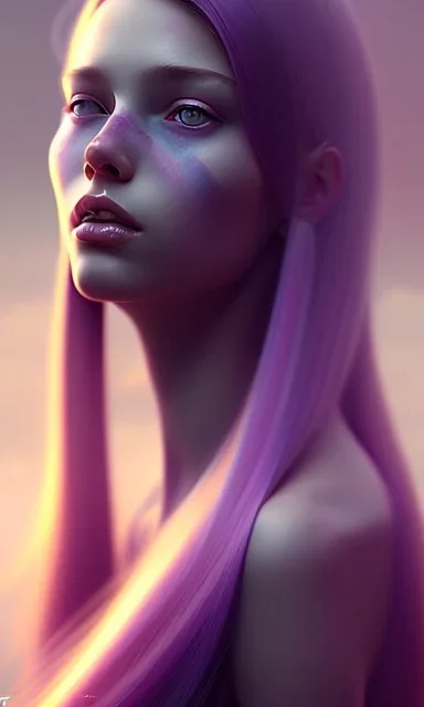 girl, cute, beautiful, long hair, head and shoulders portrait by Greg Rutkowski, purple hair