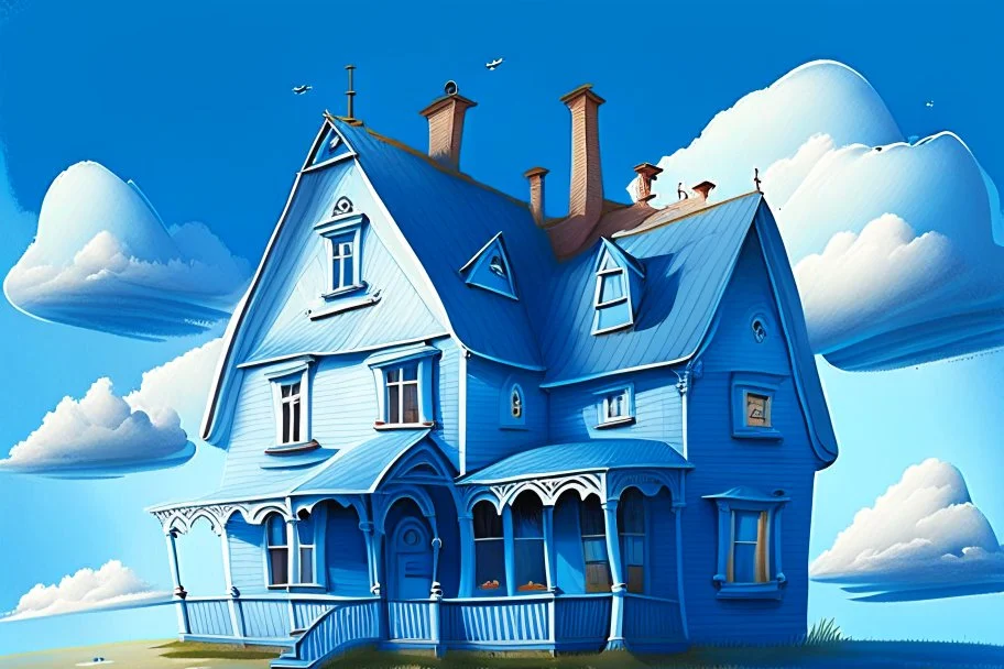 House illustration, realistic, detailed, illustrative, childrenbook style, Blue house, sky