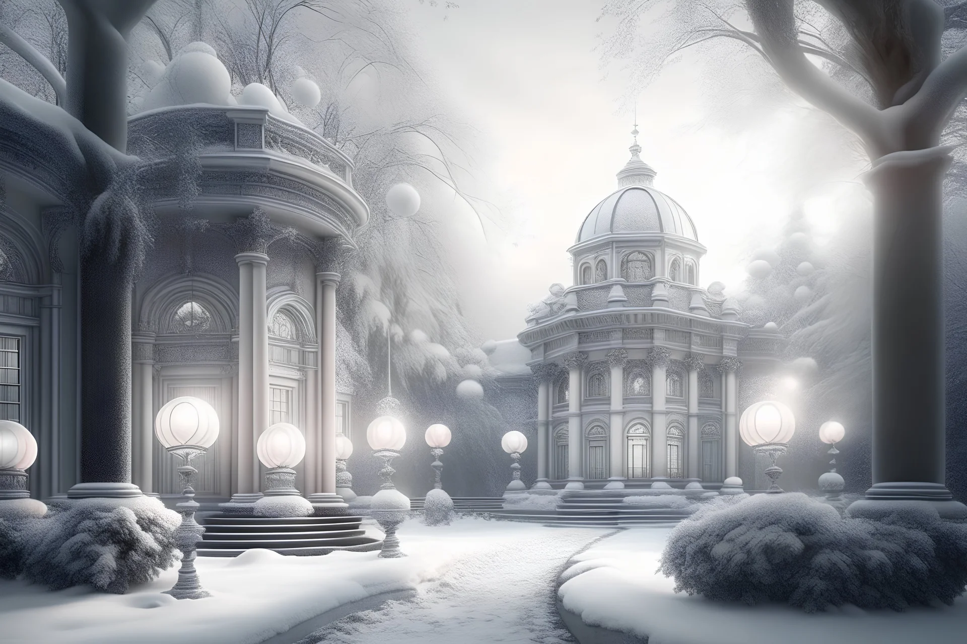 Beautiful landscape in pastel colors, lanterns, mansion, frosty columns, icy fountain, mystical glow, filigree, snow-covered trees,I am snow, mystical haze, black sky, white velvet clouds descend on the city, realistic, beautiful style, professional photography,about high resolution, cgi,f/19.1/200s, in light silver tones, sophistication, highly detailed, digital painting, moon, wonderful, microdetalization