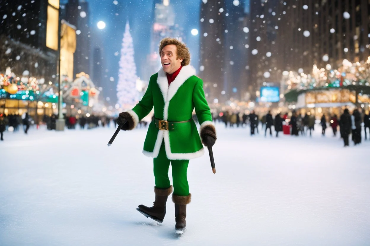 [ snow covered his res photo by Tim Burton, pastel bokeh background] the iconic scene of Buddy the Elf Ice Skating at Rockefeller Center (Will Ferrell 2003) [HAPPY CHRISTMAS]