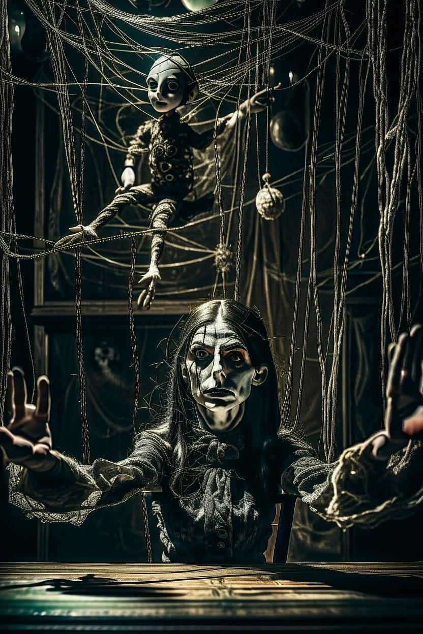 a surreal abstract image of a woman seated on a table,facing to the front ,she is connected to string like a puppet, arms in air, moved by the strings, puppet like features in the face, beautiful face, behind her also facing the front is the puppet master,is a huge image of a man holding the strings, creepy gothic character,.zoomed in, dark and shadowy background with selective lighting on the woman, gothic and chaotic