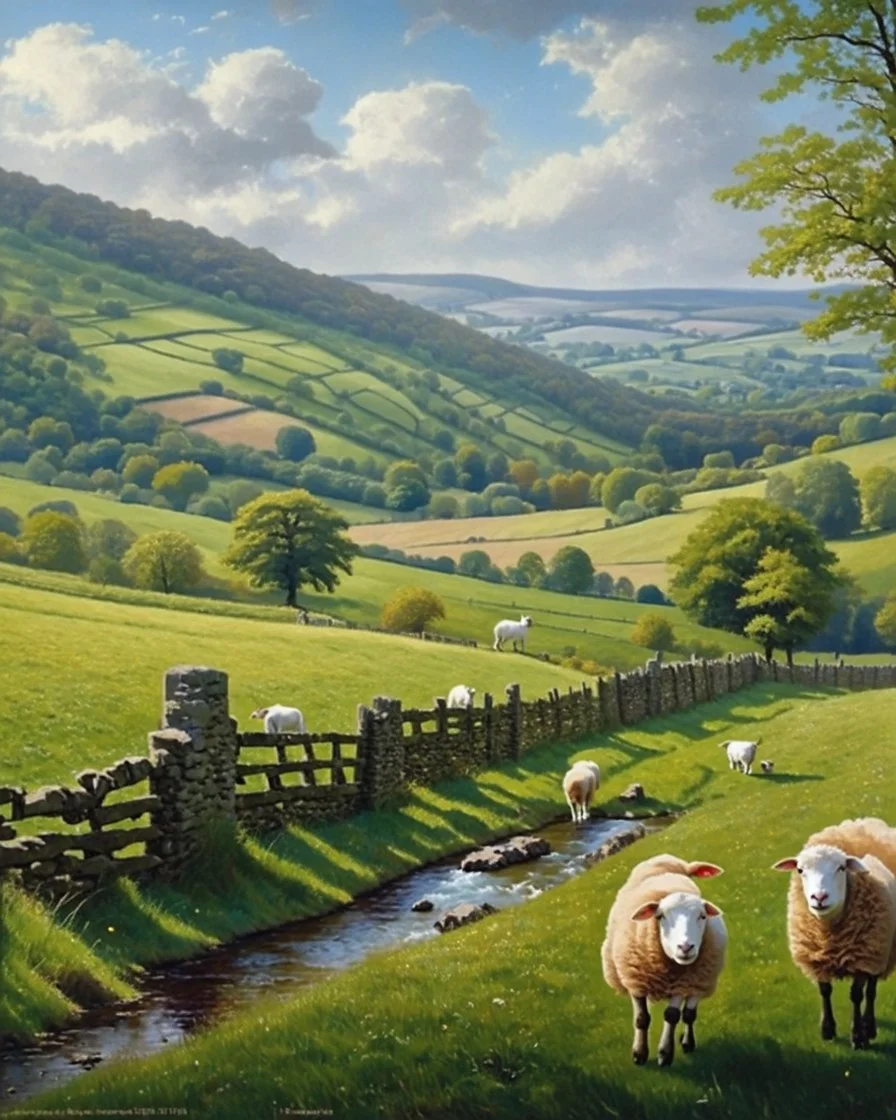 beautiful rolling hills and fields, with stone fences, small stream and sheep, of the Bakewell in England. Gorgeous lush green grass and trees.
