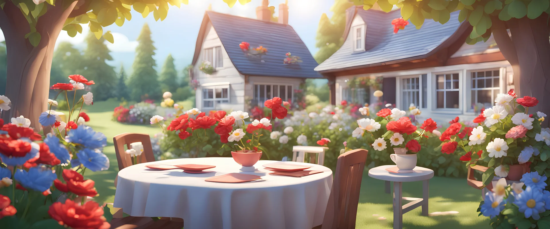 Background: cottage backyard with table and lots of flowers. 3D vector cartoon asset, mobile game cartoon stylized, clean. Details: red, white, and blue flowers, springtime, detailed. Camera: side angle, 90°, 35 mm. Lighting: warm sunbeams, LED lights. cartoon style