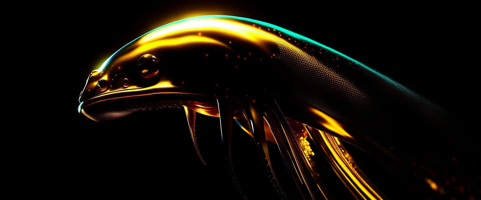 ultra high image quality, Close-up of a shark squid god resembling liquid gold, fins rippling like molten metal, set against AMOLED-worthy pure black backdrop, fantasy art style infused with a golden filter, tailored for vertical wallpaper, exclusive design with no duplicates, radiating beauty suitable for a PC screen image, vivid colors, ultra fine, digital painting.