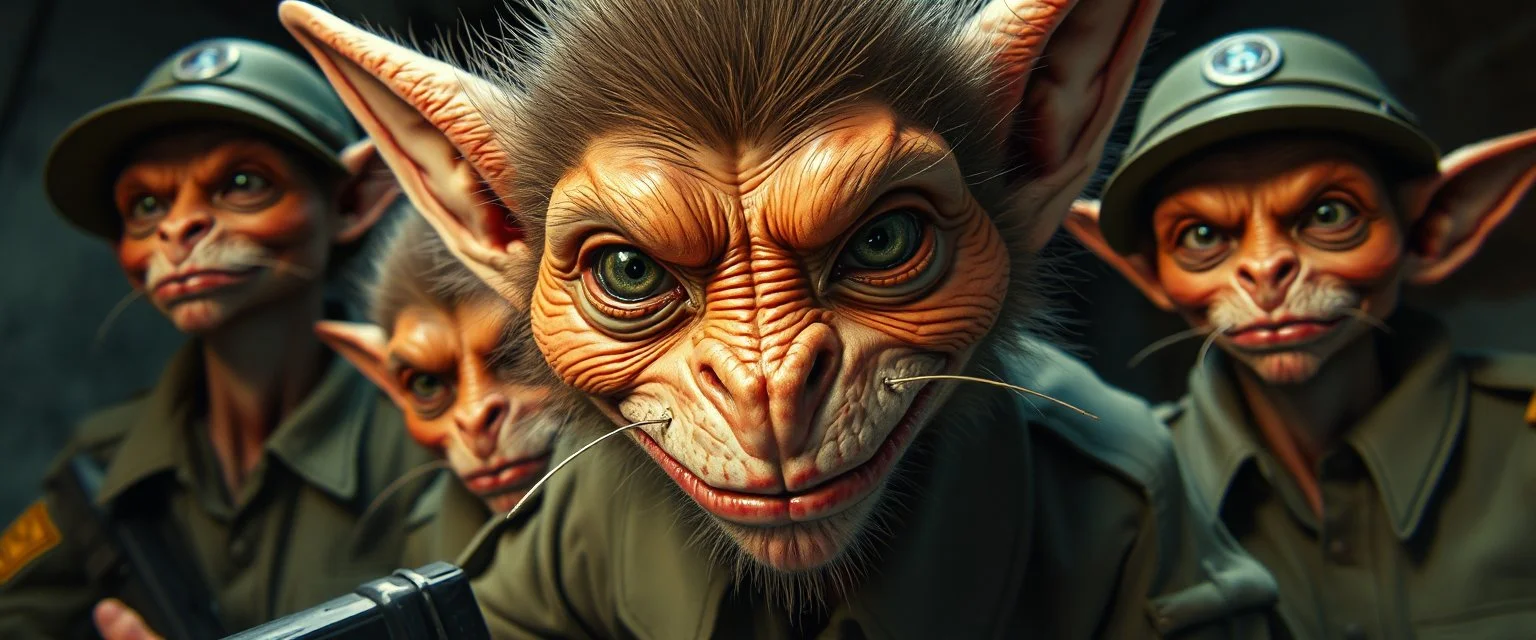 airbrush and pen outline, french art , extreme close up on cheeky fluffy weasel hairy goblin military prison guard troupe news anchor elf family scumbag in the style of Escher and Giger and Fallout 4, pinhole cam, airbrush 3d rendering