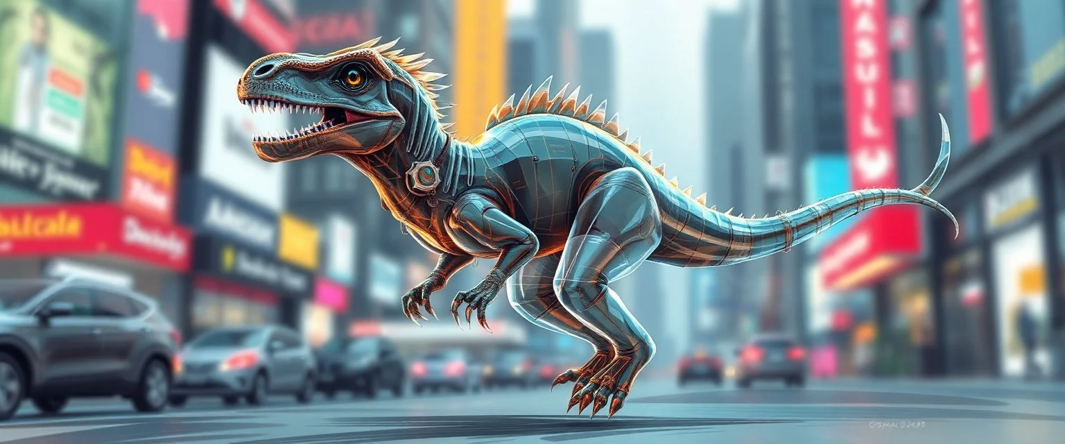 transparent dino sleek weasel rasta man with cute fur, in big cyberpunk city crossover, volume light and motion blur, airbrush and pen outline