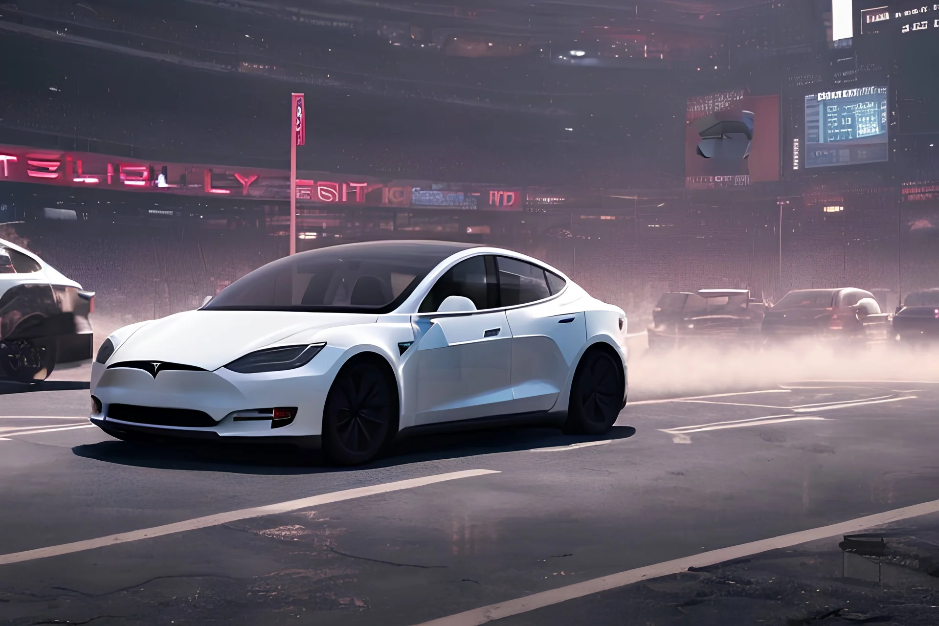 A Tesla 'Model Y' is parked, inside the 'Yankee Stadium' in Manhattan. (CINEMATIC, WIDE ANGLE LENS, PHOTO REAL)