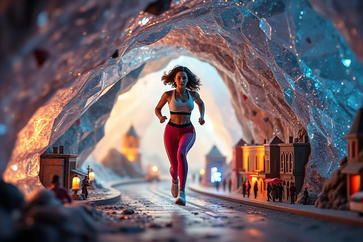 make a video pretty crystal cave covered with jewells and CIFI jewell lights and miniature city buildings and miniature people and streets, a beautiful fashion model lady with cute,curvy hair,makeup, in pretty sports suit is running inside cave ,dynamic camera fallow her inside cave capturing full body, dynamic lights.
