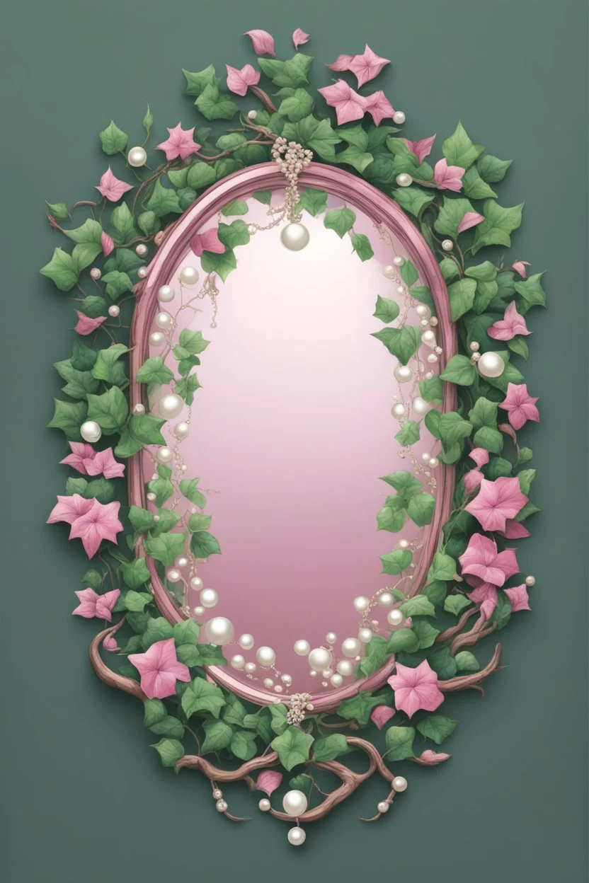 Create an Artwork of a Mirror with ivy branches and pearls necklace, Like a creative Logo for a Varasity Jacket, illustration. Colors should be pink and green