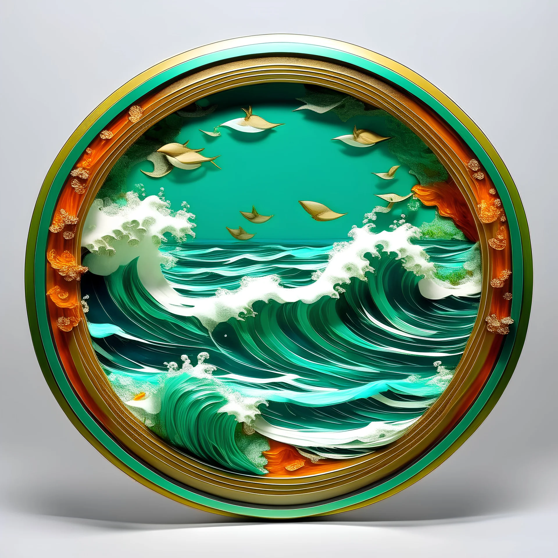 circular picture frame, scene of wealth and waves, bottom half underwater, top half out of water, showing the money and gold, the great unknown,, friendship and cooperation, light blue tones with green and orange