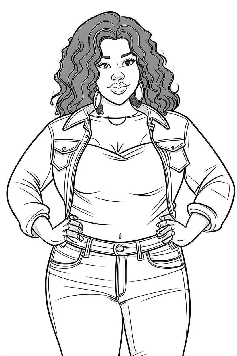 black curvy woman wearing jeans, eyes front camera coloring page