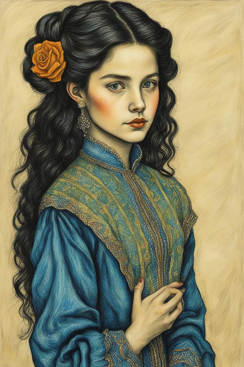 create a 3/4 profile full body oil pastel of a dark haired, , raggedly dressed, Romanian fortuneteller vampire girl with highly detailed , sharply defined hair and facial features , in the style of JEAN-FRANCOIS MILLET and MARY CASSATT