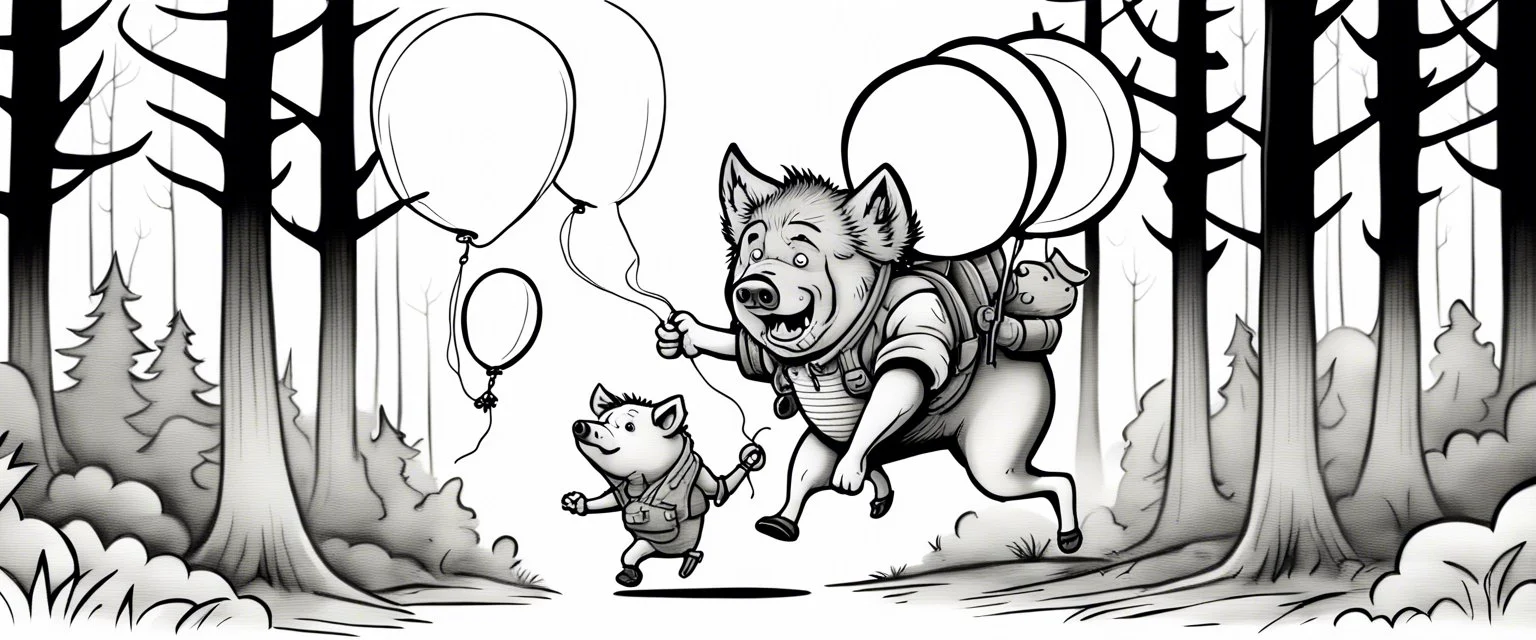 wolf with balloon in forest carrying a scared pig general up into the air, stupid cartoon, airbrush and pen outline