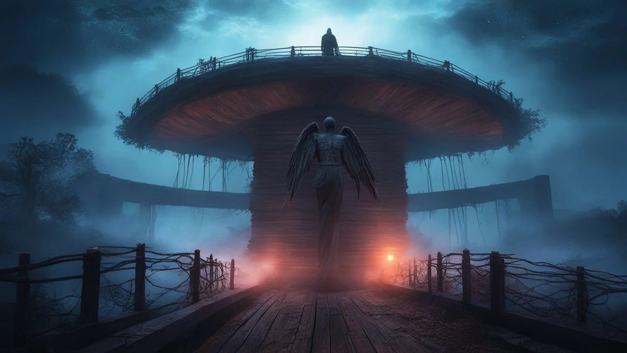 walking straight ahead over a wooden bridge, holding the angel of death with your right hand, entering the fog at the end of the road that leads to the afterlife, and a beautiful sunset and galaxy's behind the fog, realistic