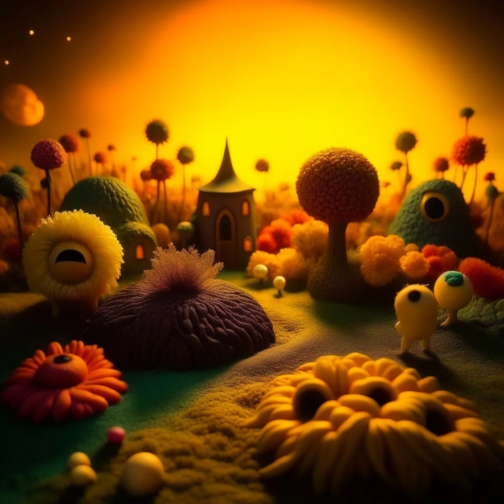 Detailed creepy landscape made of felt, naïve, vintage, sun, splops, volumetric light, giant flowers, hot things, Tim Burton, strong texture, orero dream, extreme detail, Max Ernst, decal, rich moody colors, sparkles, Harry Potter, bokeh, odd