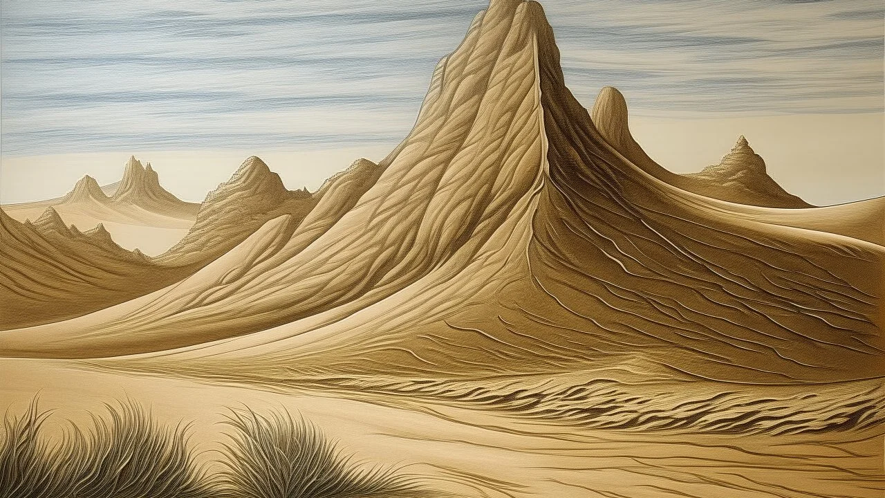 A brown desert dune near a mountain designed in cave paintings painted by Albrecht Durer