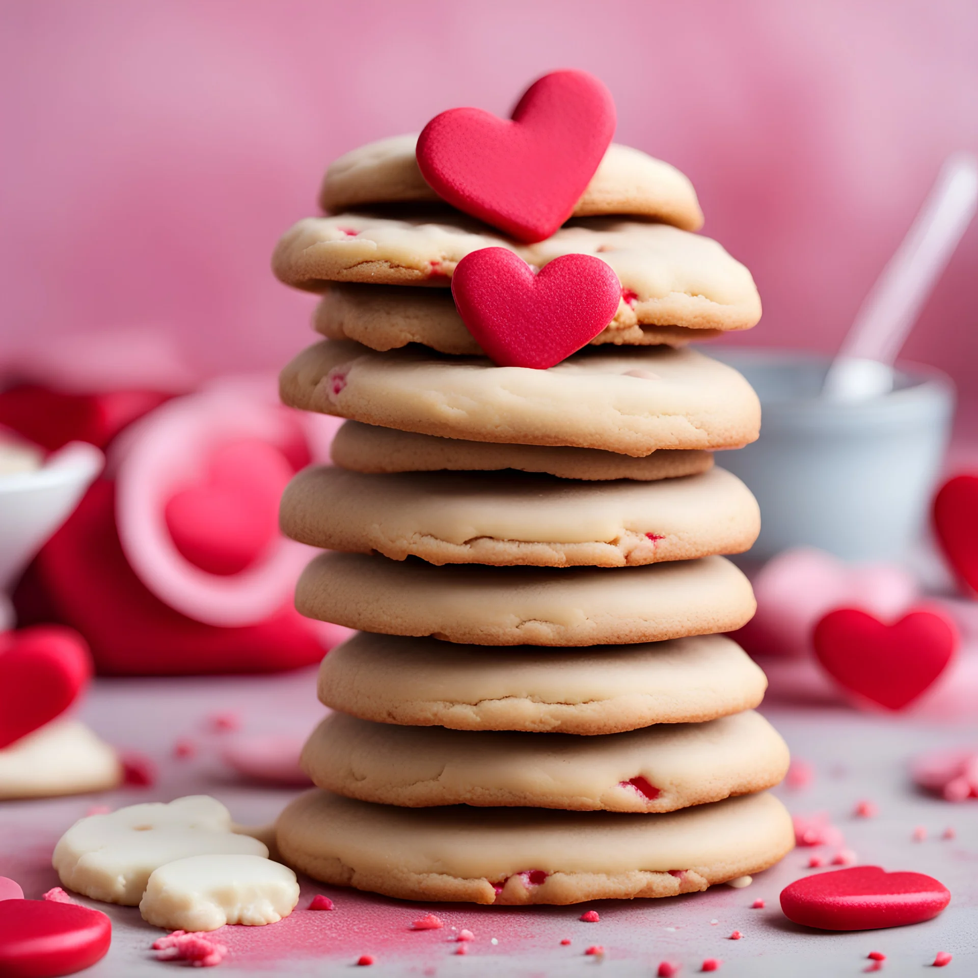 A stack of Valentine's Day cookies with red icing on with background