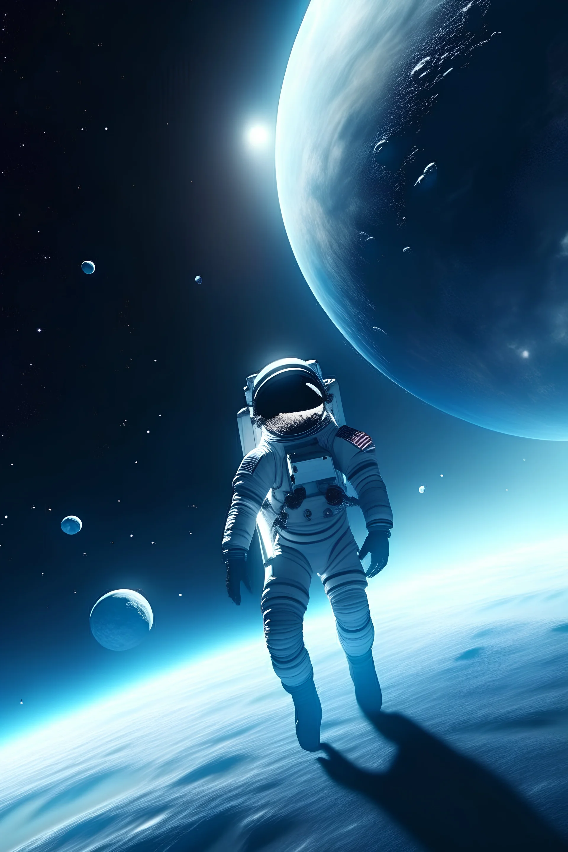 Astronaut stranded in space floating with a huge planet in the back ground, aliens in the background 8K fullscale