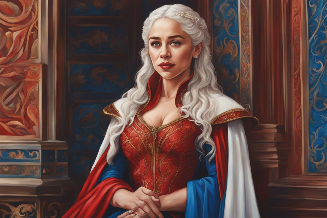 Emilia Clarke skich Oil cartoon artstyle , red and blue costume color, mother of dragon them, intricate details, highly detailed, high details, detailed portrait, masterpiece,ultra detailed, ultra quality