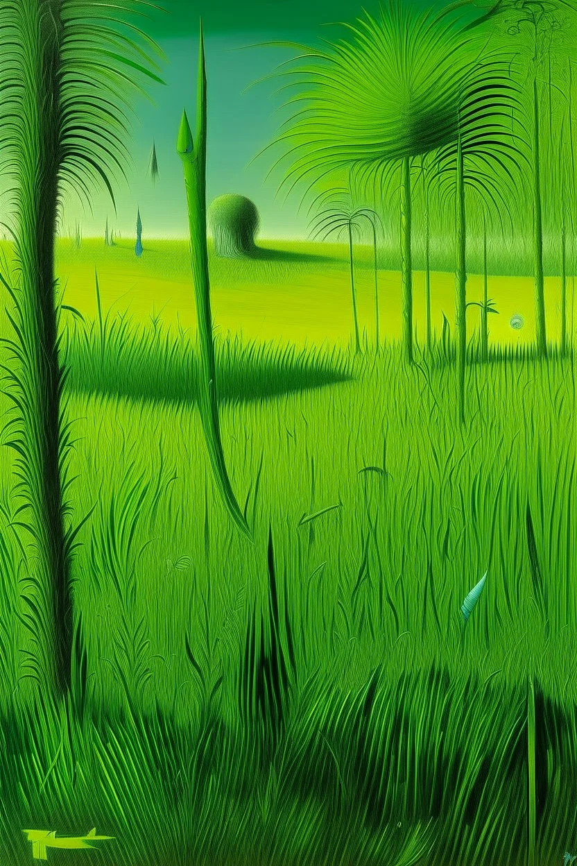 A lime green savanna with tall grass painted by Max Ernst